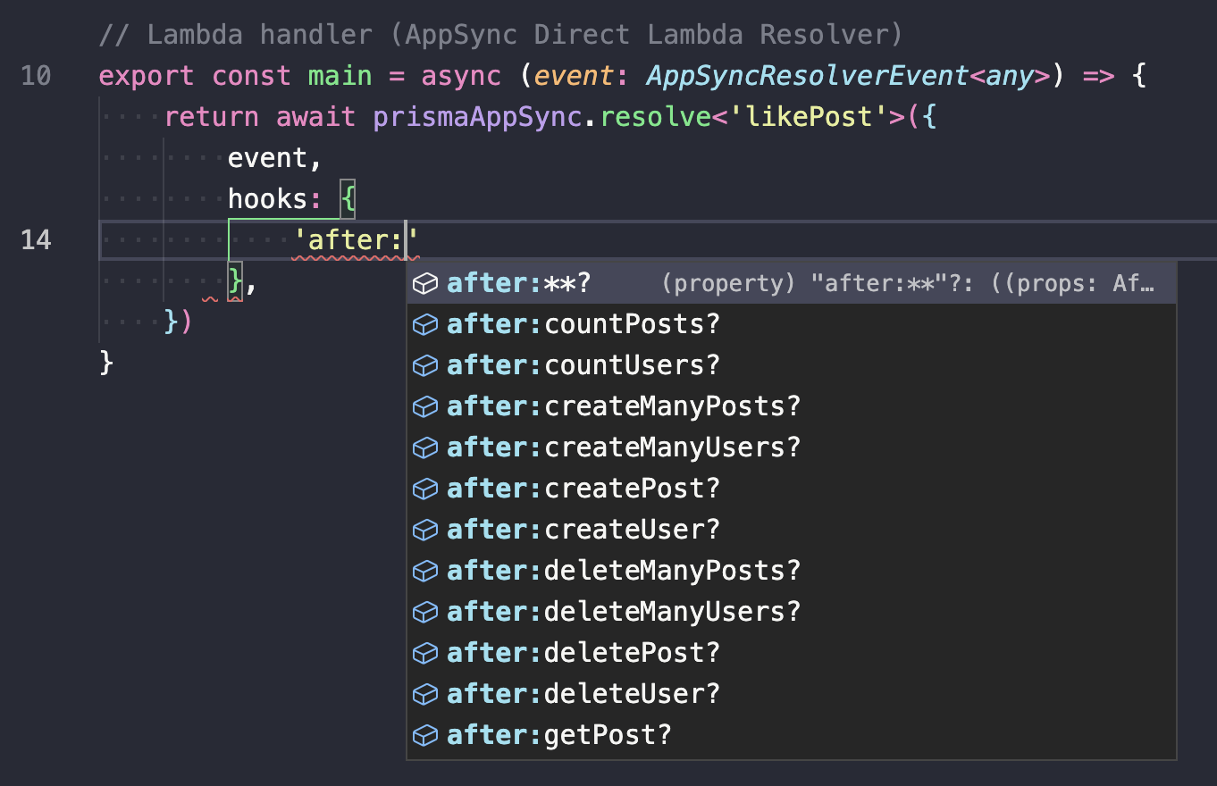 Prisma-AppSync hooks on VS Code